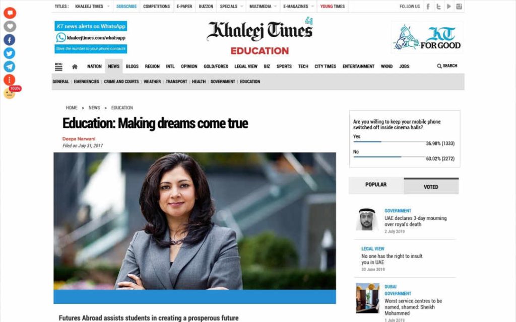 Education - making dreams come true, article by Vandana Mahajan in Khaleej Times